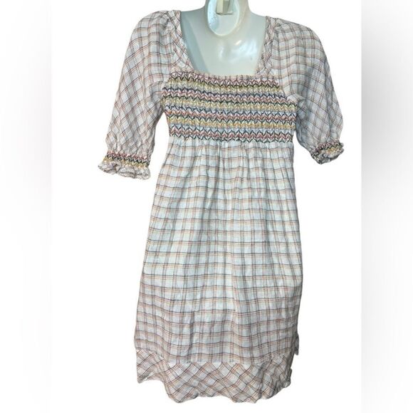 Faherty 100% Linen Lola Windowpane Smocked Puff Sleeve Mini Dress - Picture 7 of 9